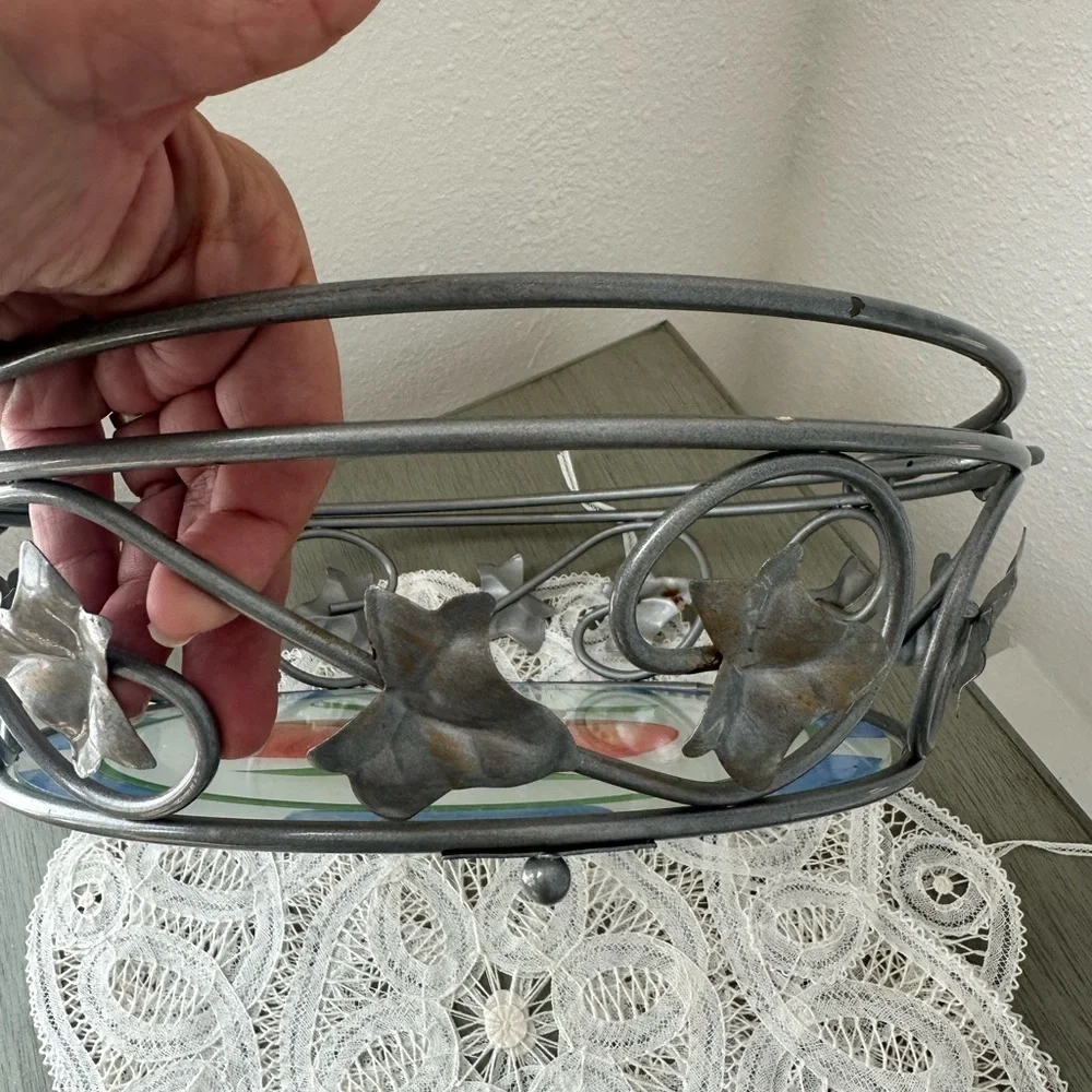 Vintage Metal Frame Glass Bottom Tray Bowl Hand Painted Apples Farmhouse